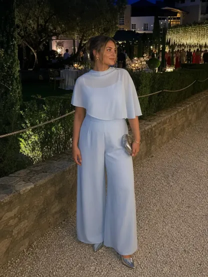 Stand Collar Asymmetrical Cloak Sleeve Mid Rise Wide Leg Jumpsuit Curve & Plus