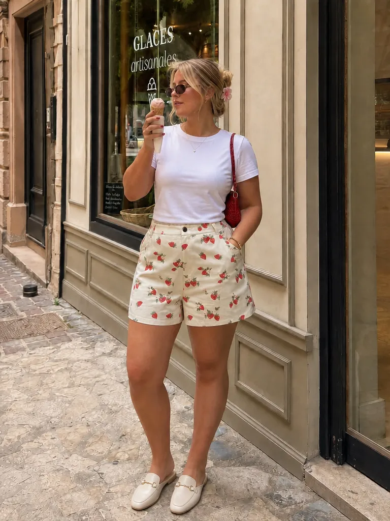 100% Cotton Mid Rise Strawberry Graphic Micro Shorts Curve & Plus