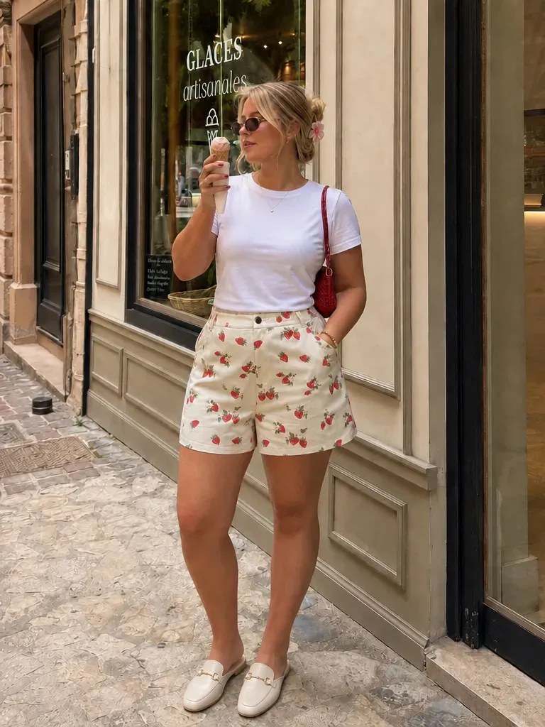 100% Cotton Mid Rise Strawberry Graphic Micro Shorts Curve & Plus