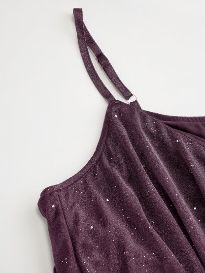 Sequin V-Neck Halter Ruffled Hem Oversized Mini Dress With Scarf Curve & Plus