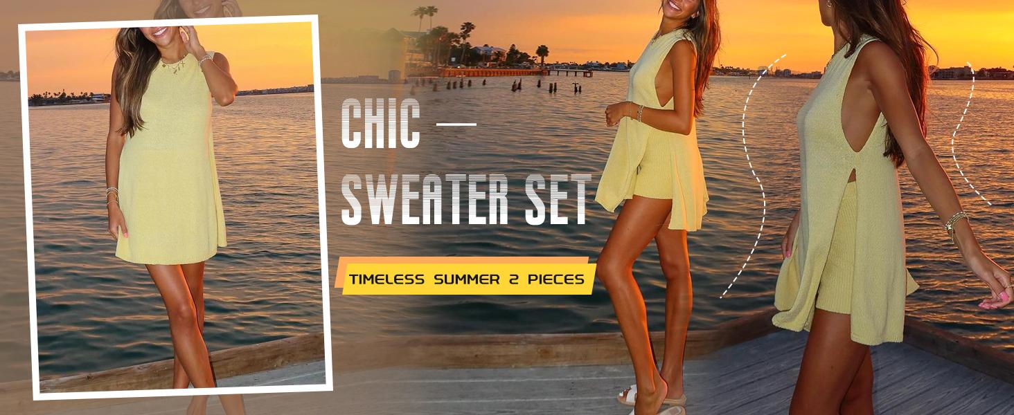 SCUSTY Women's 2 Piece Outfits Summer Knit Sweater Set Sleeveless Tunic Top Matching Shorts Trendy Beach Vacation Sets Loungesetwomen Suits Clothes Womenswear Basic Beige