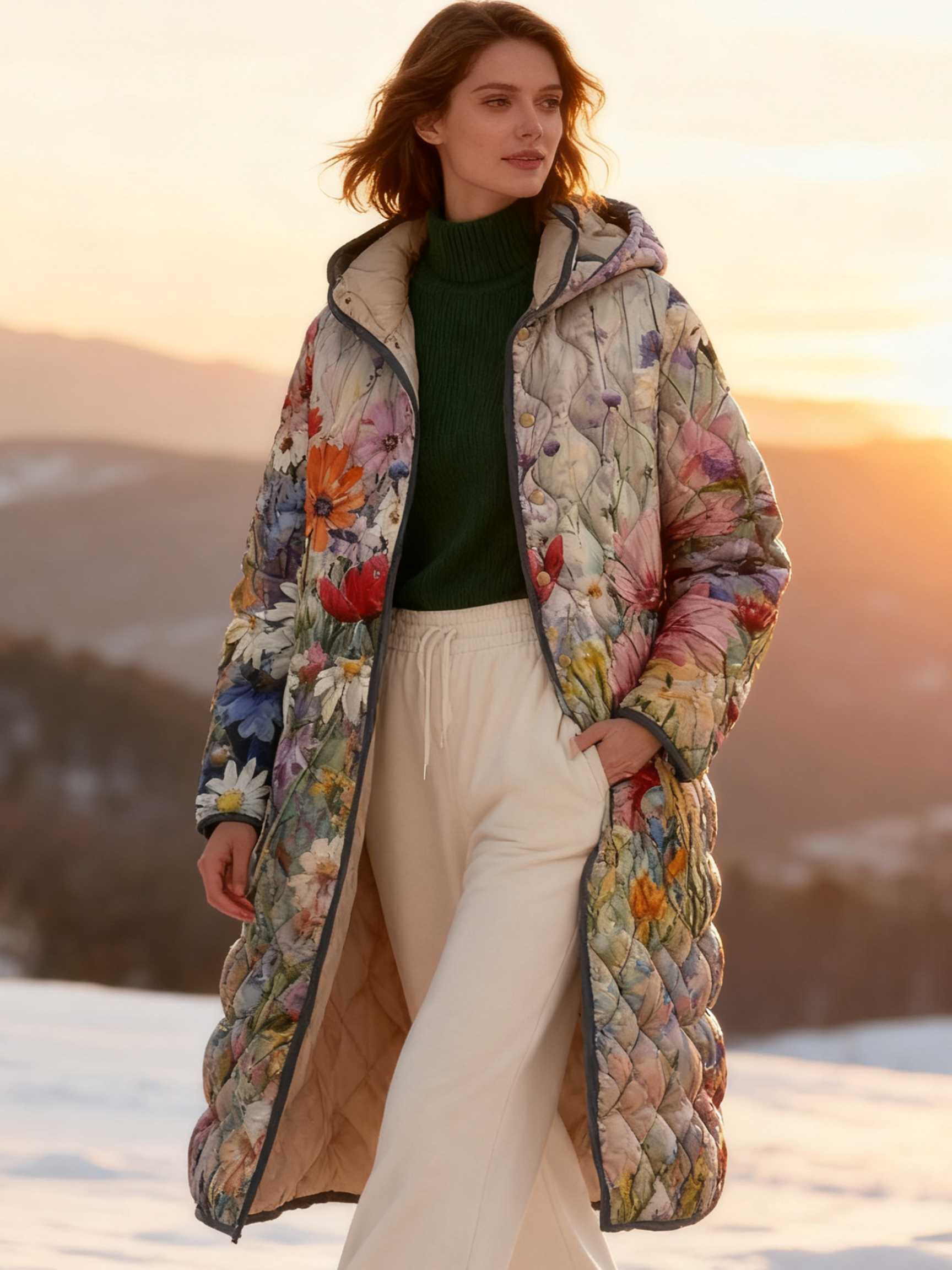 Watercolor Floral Print Warm Coat Long Hooded Quilted Jacket