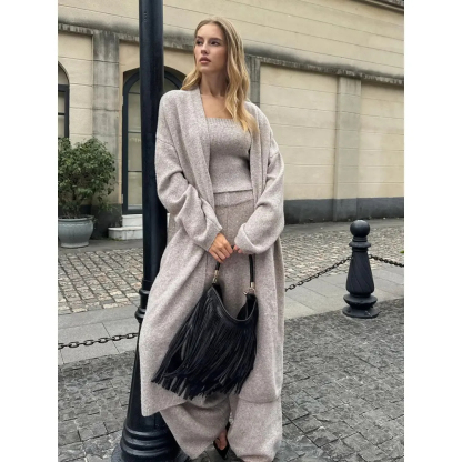 Three-Piece Knit Bustier Cardigan Pants Set