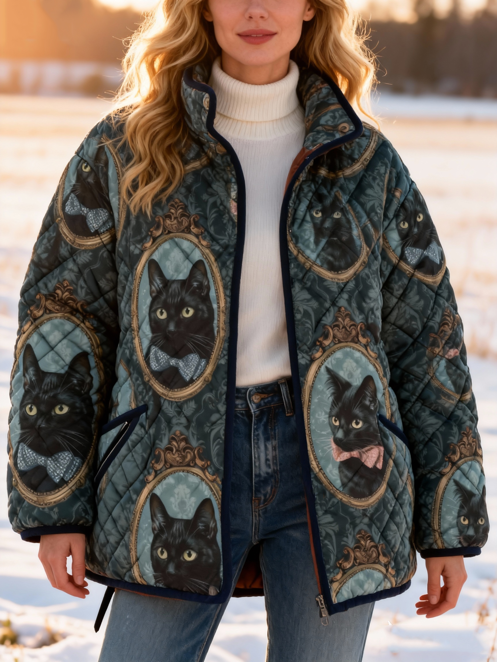  Vintage Frame Black Cat Quilted Puffer Jacket Stand-Collar Casual Coat 