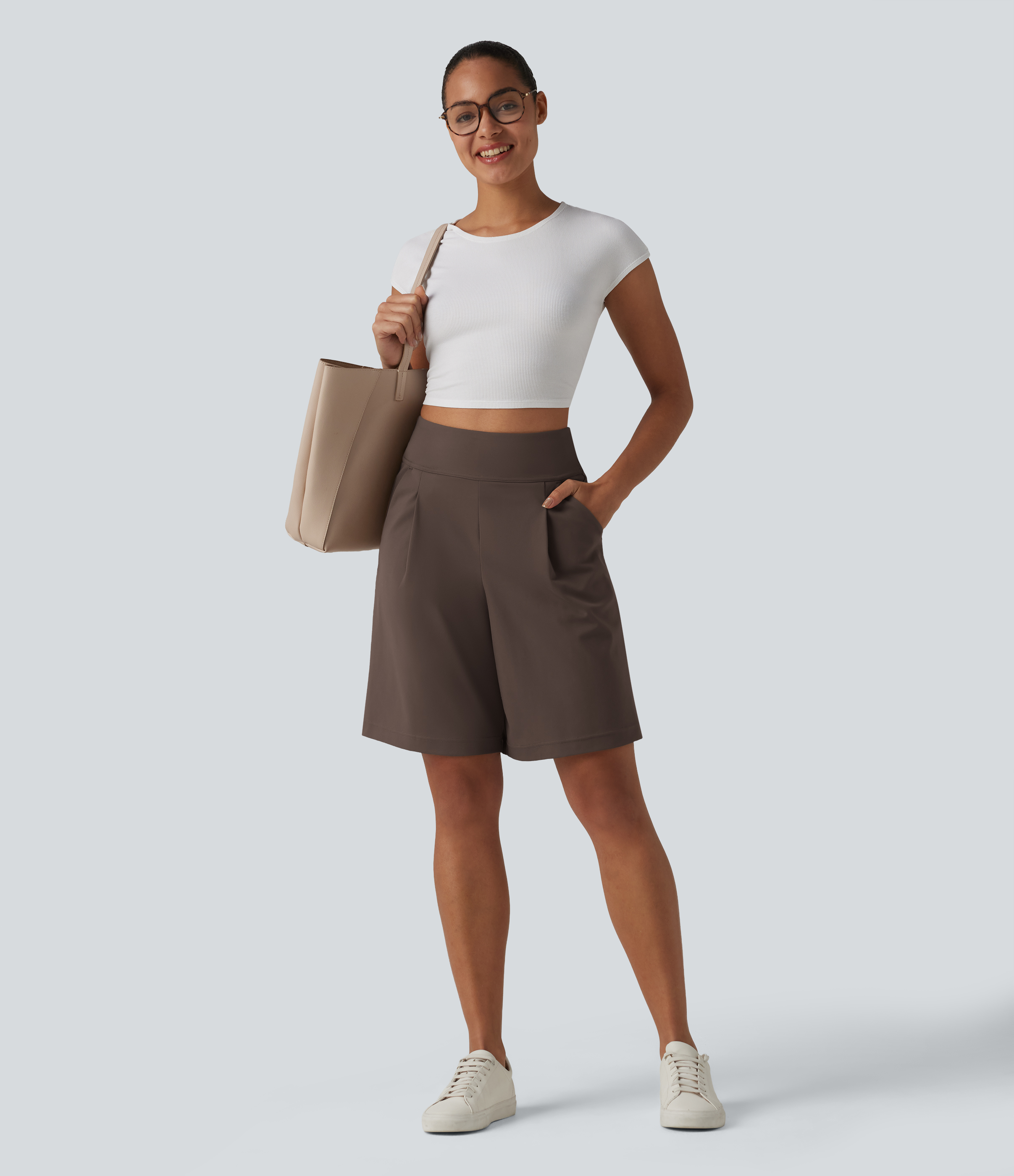 DayStretch High Waisted Pleated Work Bermuda Shorts 10'' with Pockets