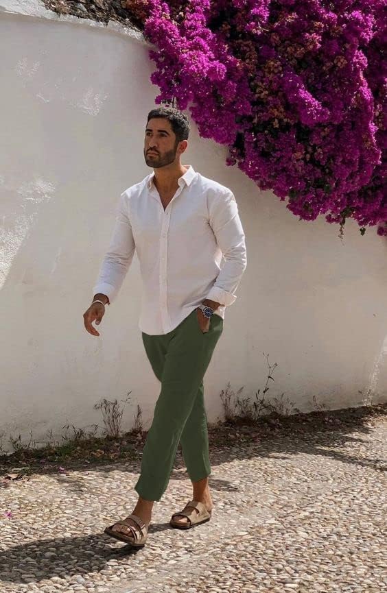 Men's Cotton Linen Pants Elastic Waist Lightweight Casual Pant