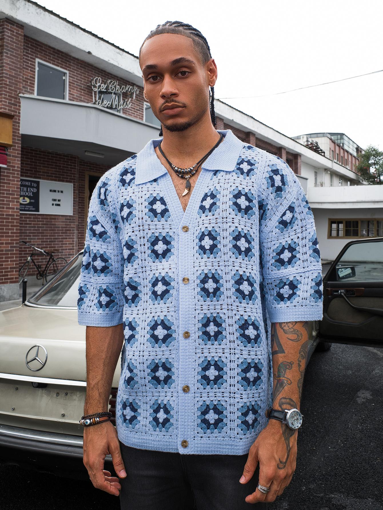 Men's Summer Cool Knitted Short-Sleeve Shirt Baby Blue Boho Vacation Casualwear Loose Fit Collared Button Closure All-Over Print Menswear Acrylic Knitwear Men's Summer Cool Knitted Short-Sleeve Shirt Baby Blue Boho Vacation Casualwear Loose Fit Collared Button Closure All-Over Print Menswear Acrylic Knitwear