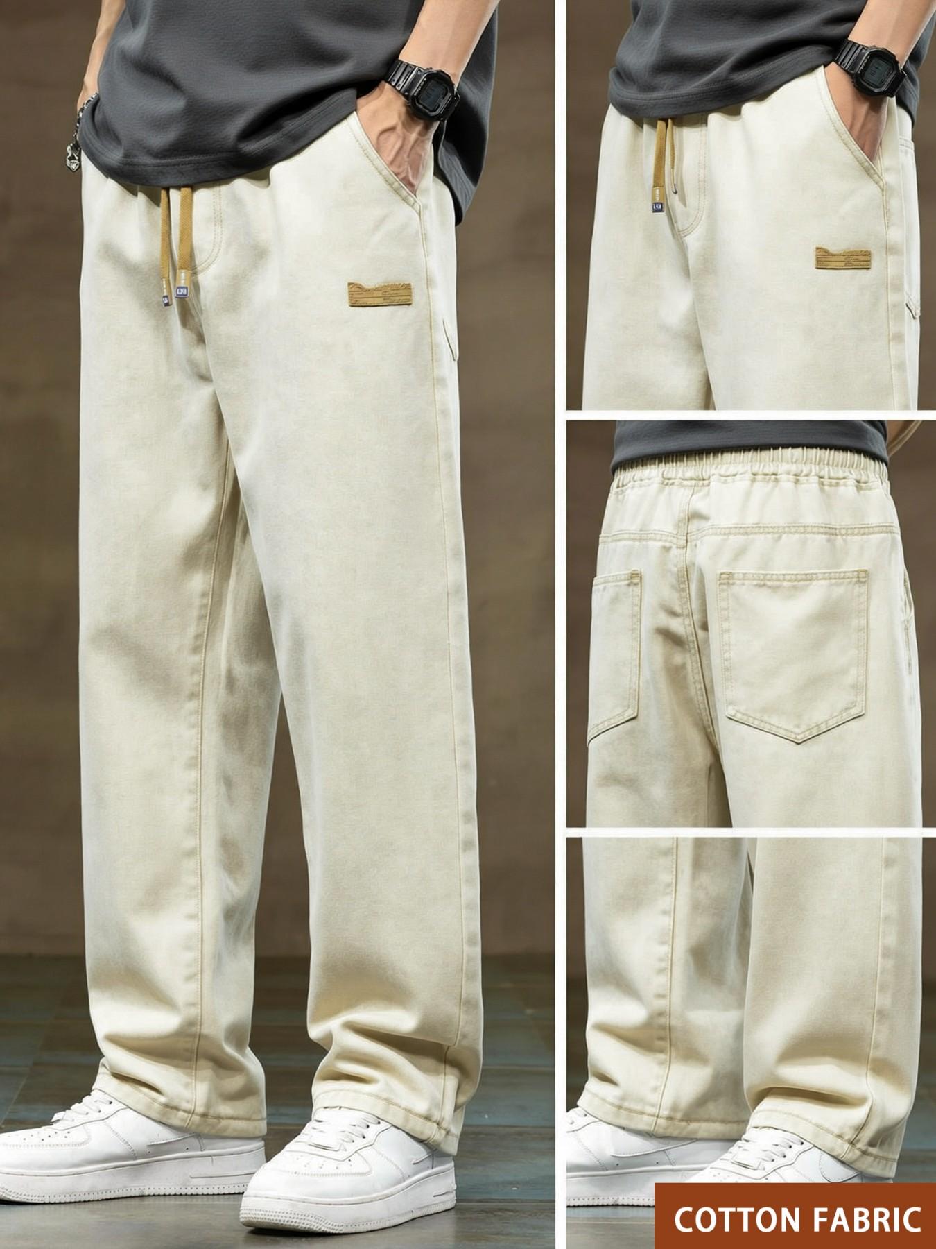 Men's drawstring waist straight-cut jeans, solid-colored Classic casual versatile non-stretch denim trousers, well-fitted straight-cut style, suitable for year-round wear, slightly smaller sizing recommended to order one size up