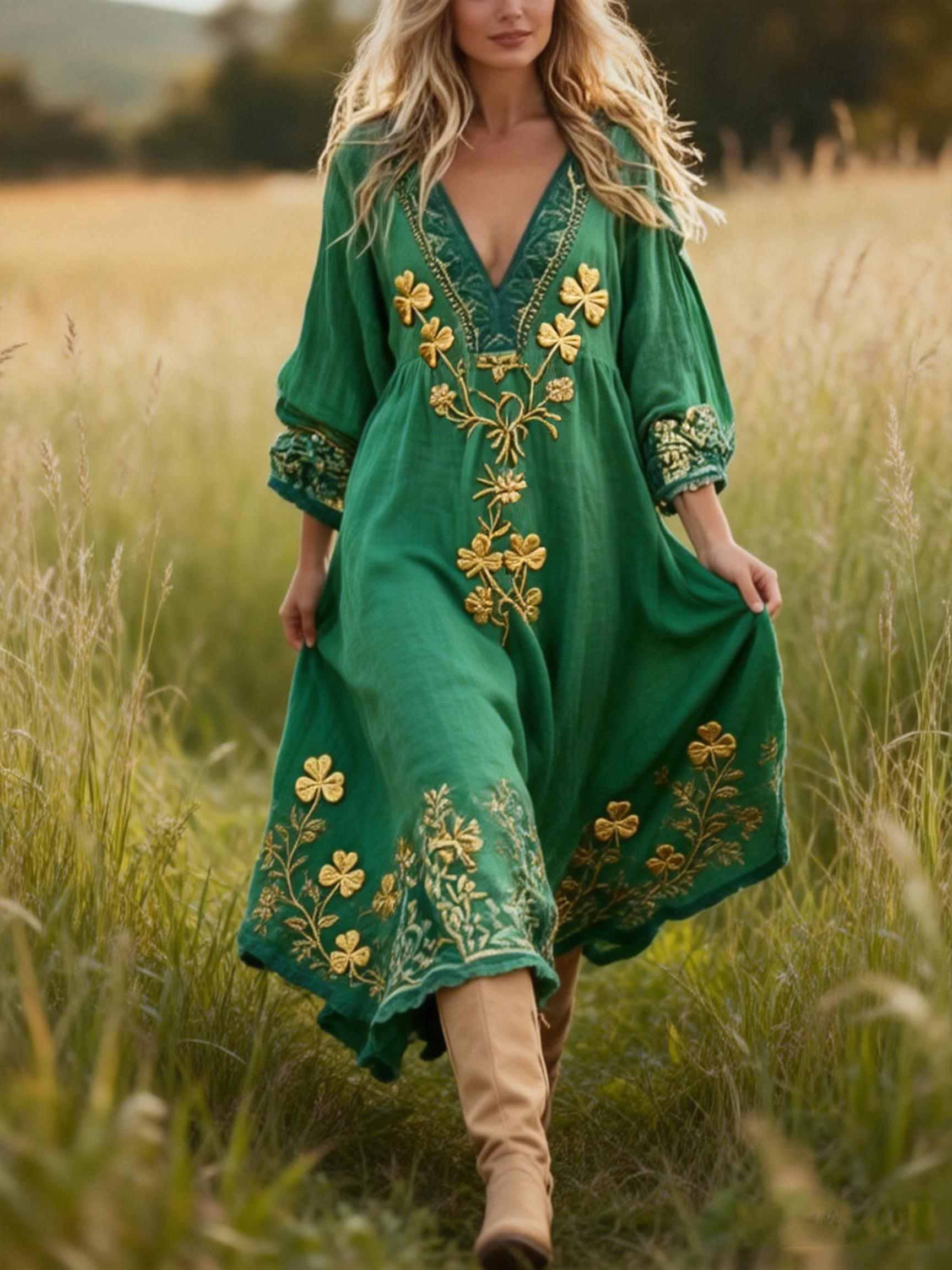 Vintage Gold Clover Embroidered Boho Linen Maxi Dress