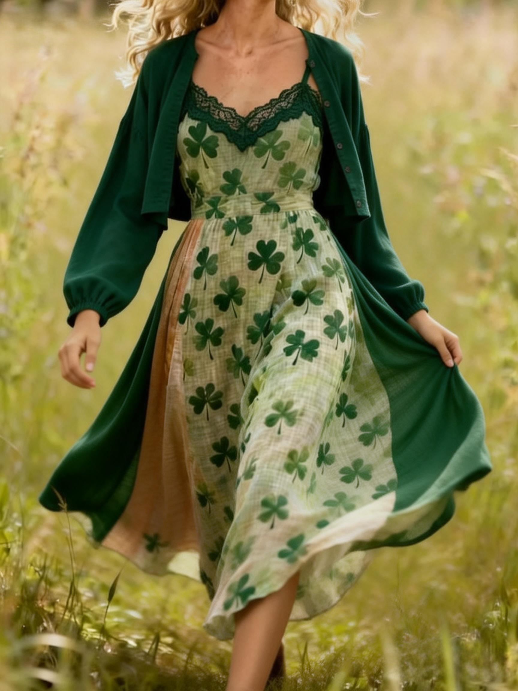 Clover Print Slip Lace Dress with Matching Cardigan Linen Maxi Dress Set 2 Pieces Set