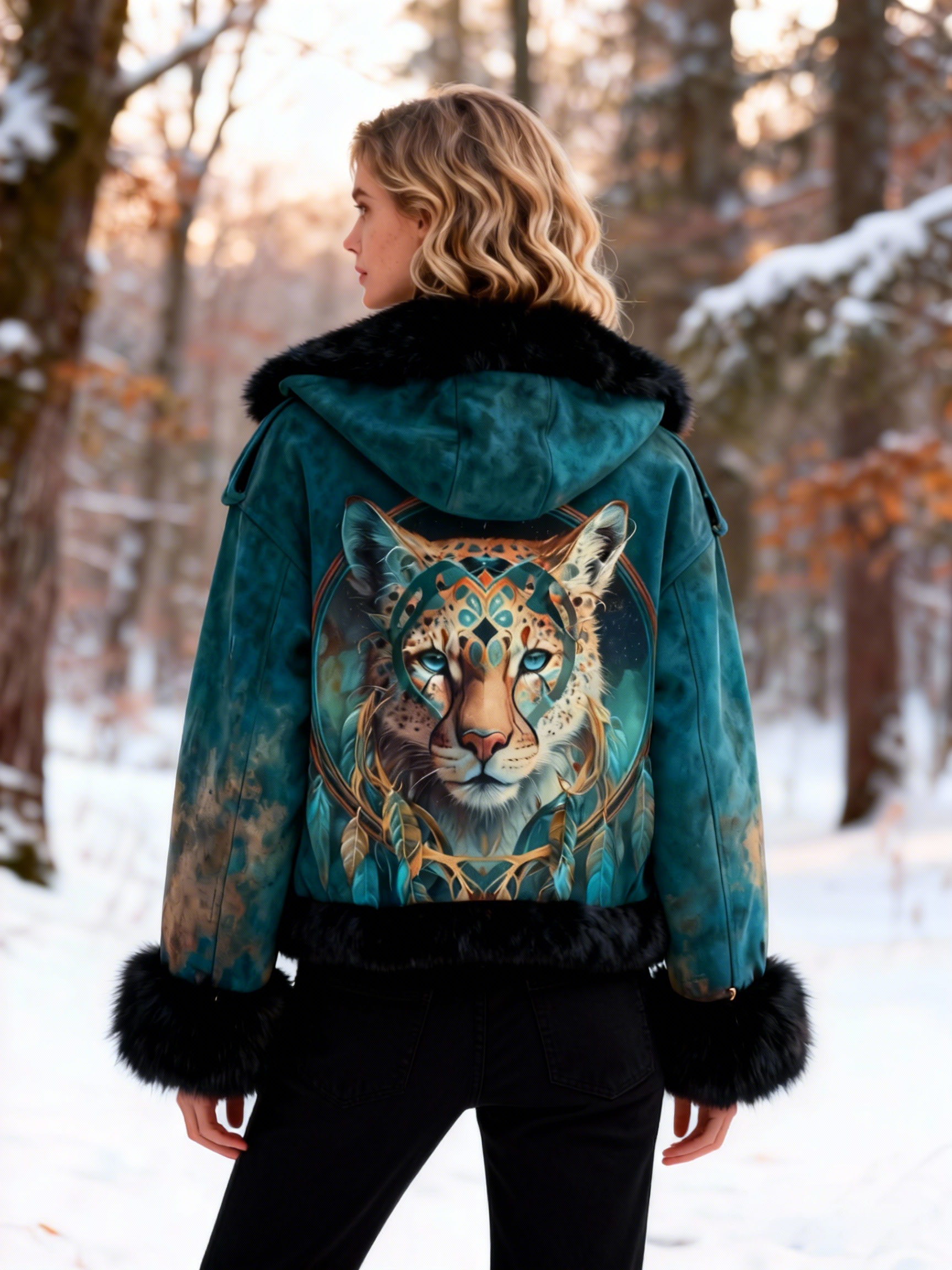 Vintage Mythical Cheetah & Dreamcatcher Leather Jacket with Faux Fur Trim