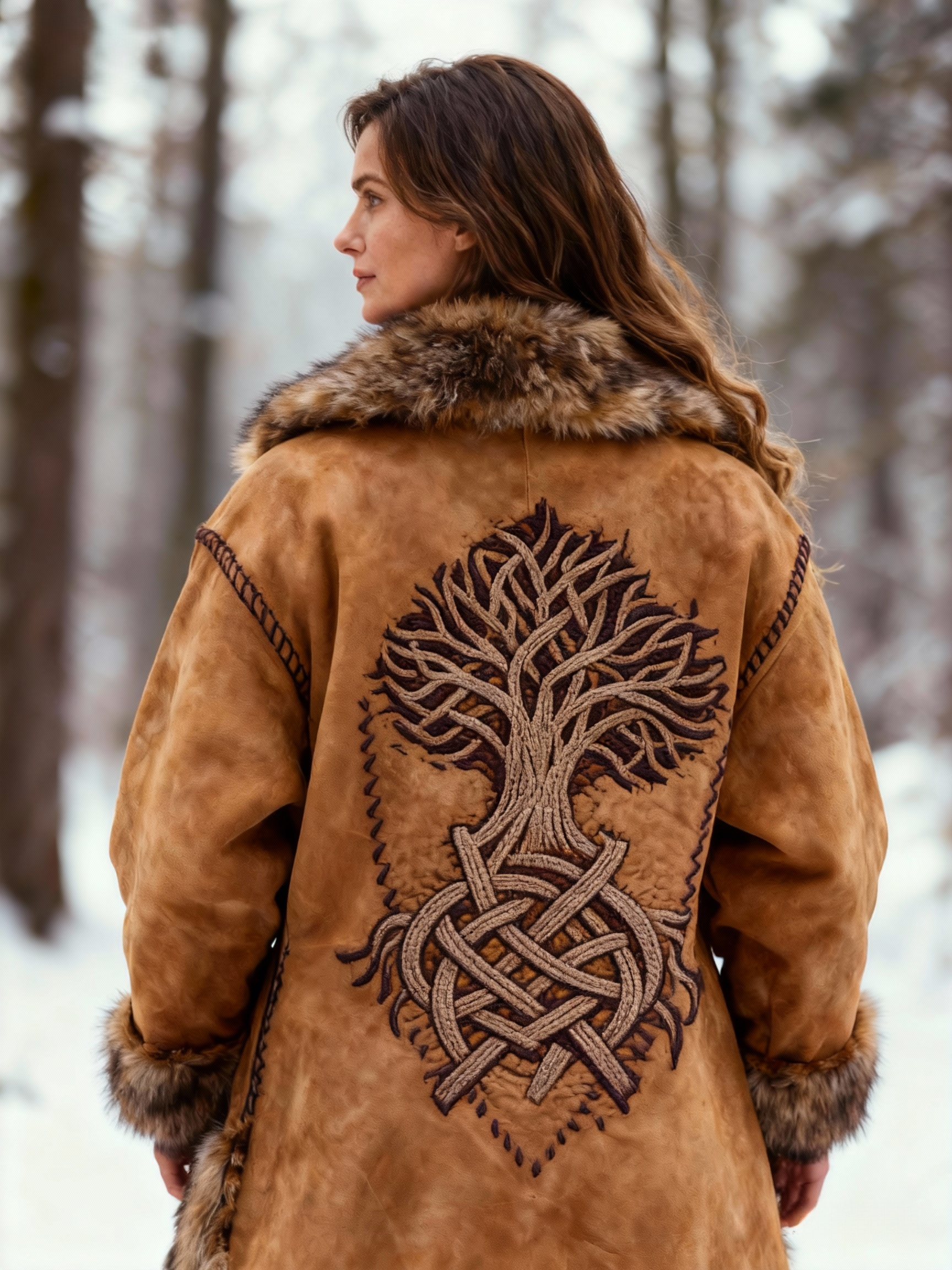 Viking Yggdrasil Tree Embroidered Suede Coat