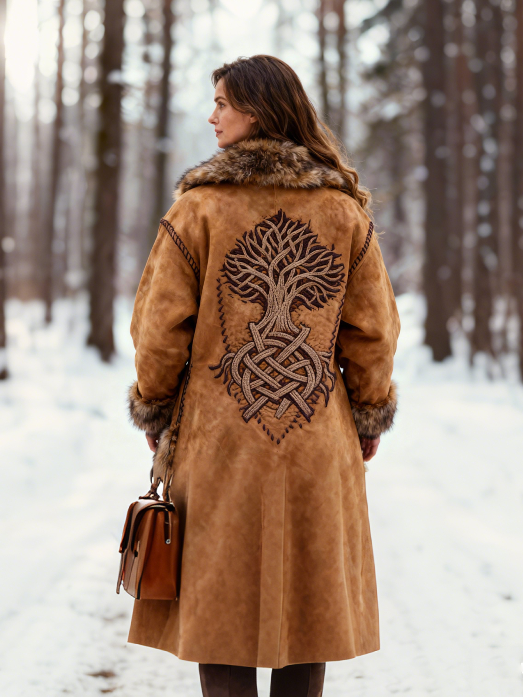 Viking Yggdrasil Tree Embroidered Suede Coat