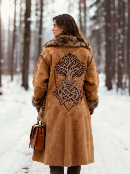 Viking Yggdrasil Tree Embroidered Suede Coat