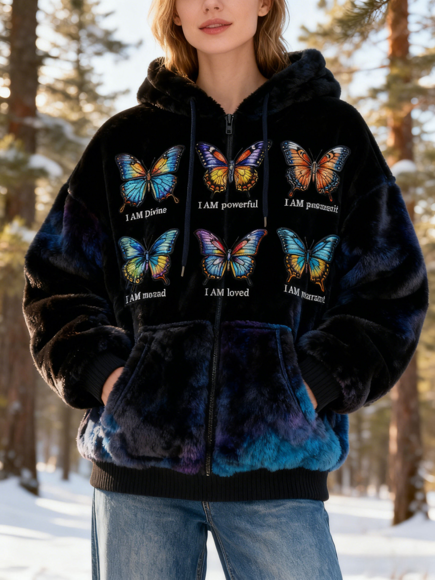 "I AM Divine/Loved" Butterfly Embroidery Tie-dye Fleece Zip-up Sweatshirt Jacket Flannel Oversized Cozy Soft Hoodie