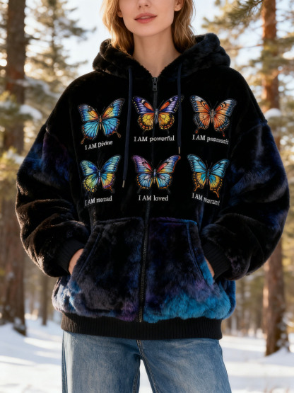 "I AM Divine/Loved" Butterfly Embroidery Tie-dye Fleece Zip-up Sweatshirt Jacket Flannel Oversized Cozy Soft Hoodie