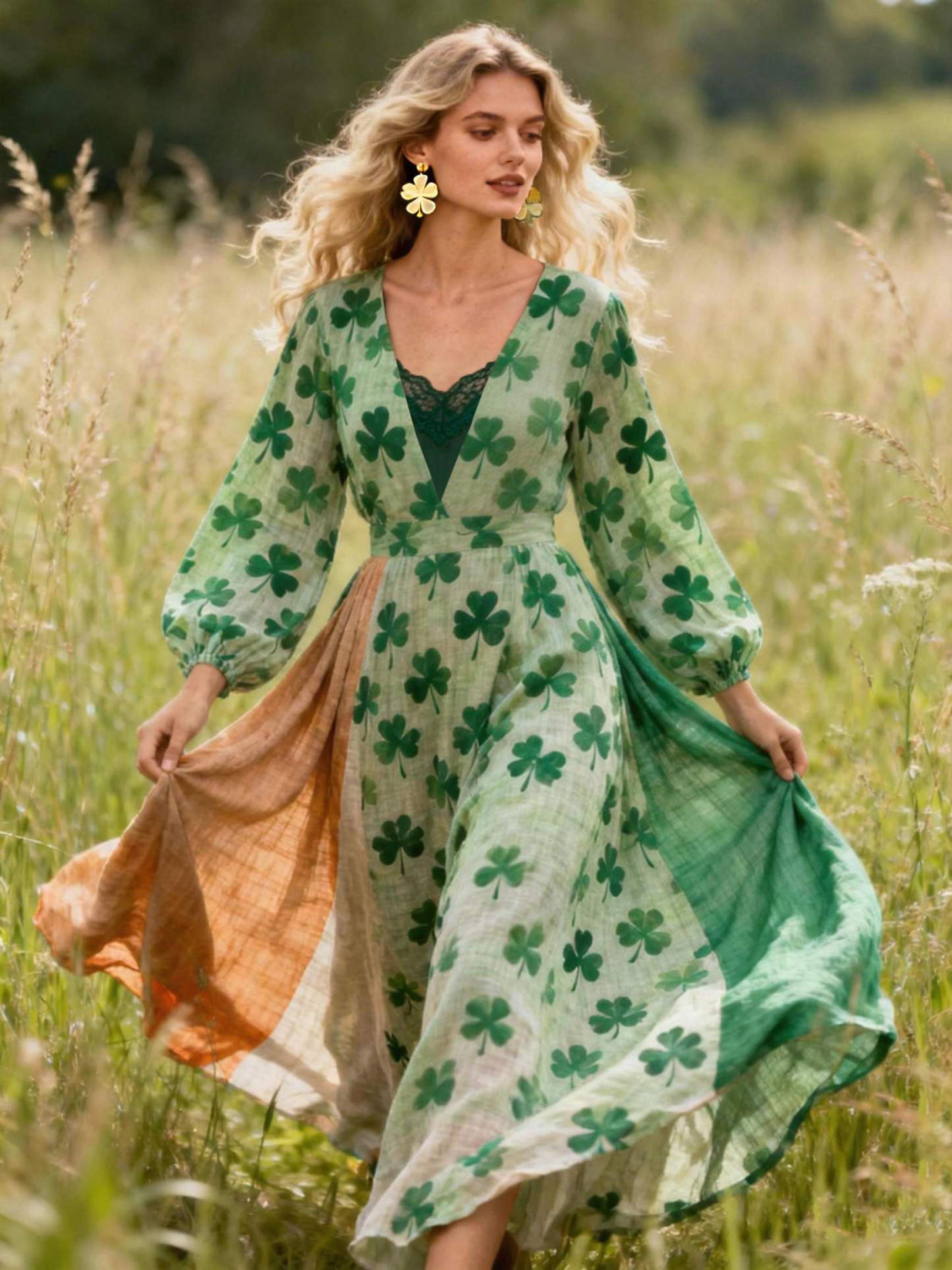 Clover Print Patchwork Lace Trim Linen Maxi Dress