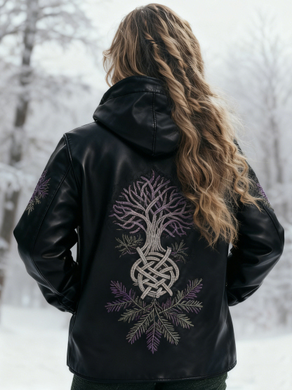 Viking Yggdrasil Tree Nordic Knot Embroidered Black Leather Jacket 