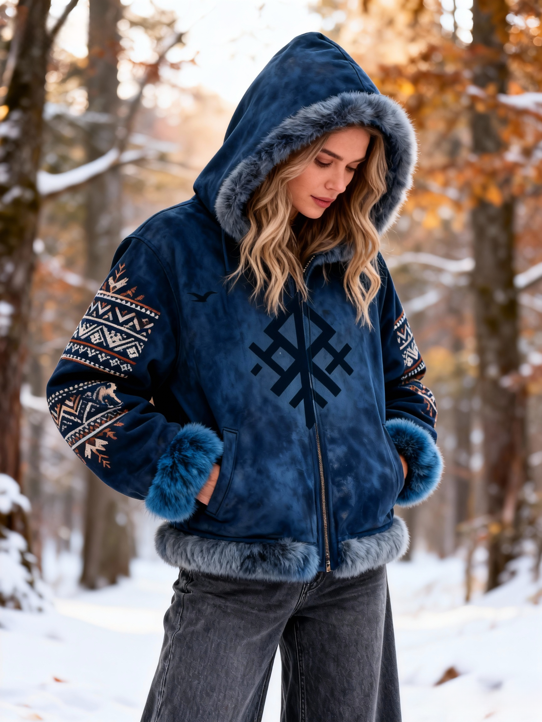 Valknut Symbol Nordic Ethnic Embroidery Winter Suede Jacket 