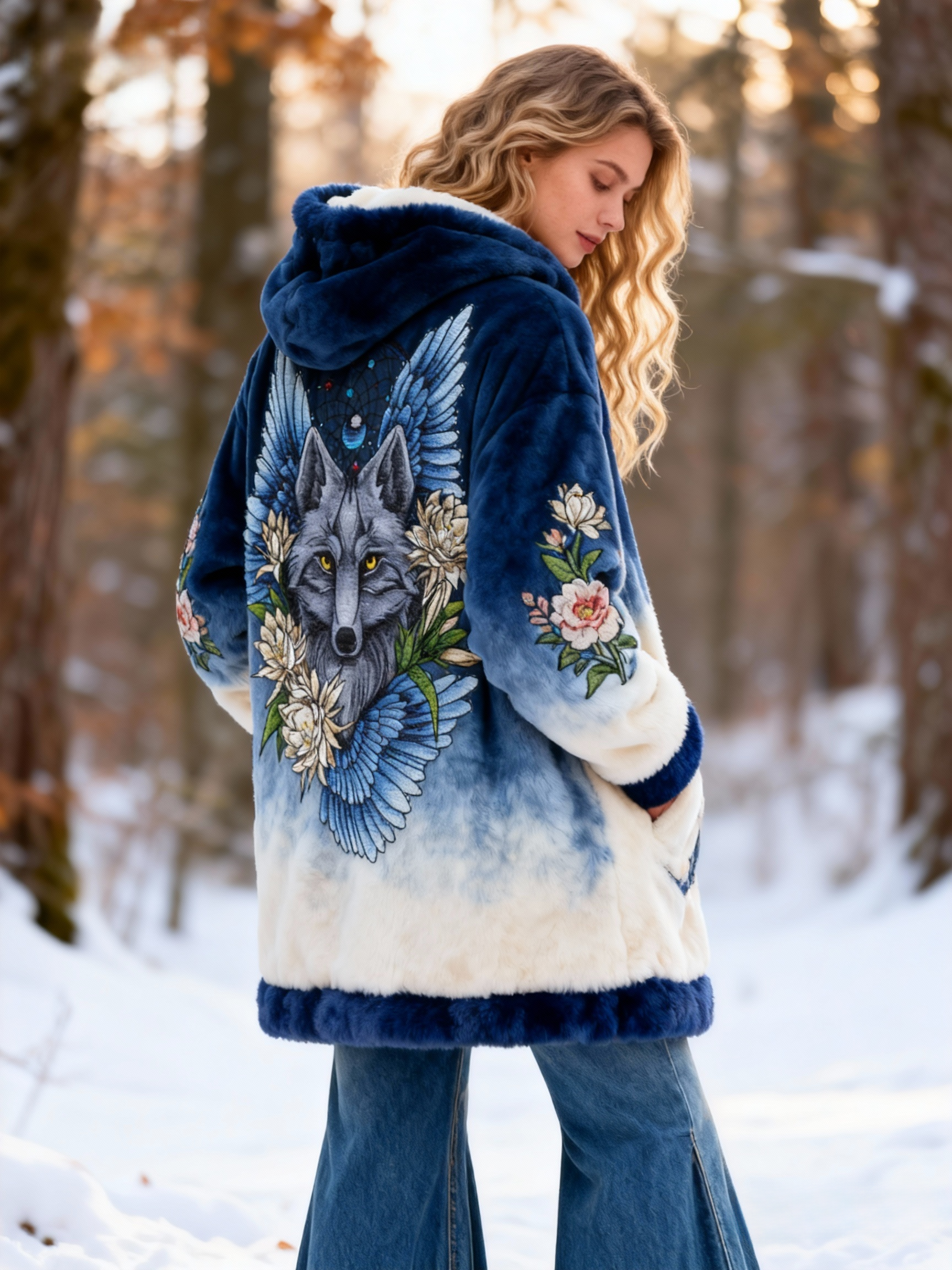  Winged Wolf & Floral Embroidery Gradient Flannel Fleece Hooded Coat 