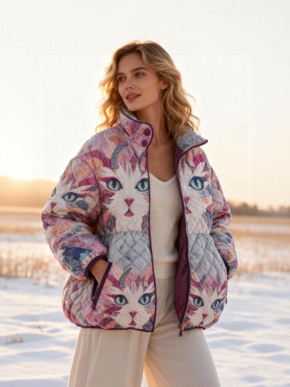 Abstract White Cat with Blue Eyes Quilted Puffer Jacket Stand-Collar Casual Coat 