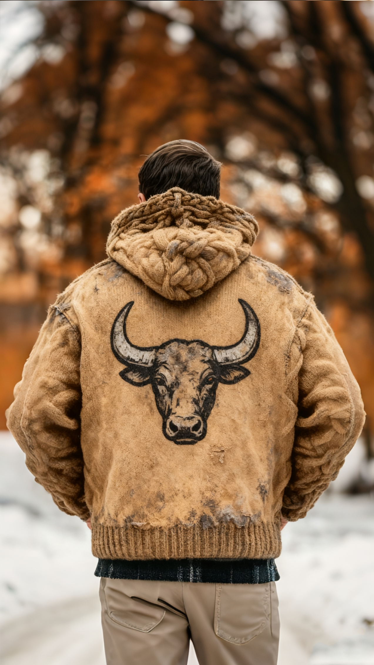 Men's Vintage Bull Pattern Chunky Yarn Knit Hooded Sweater 