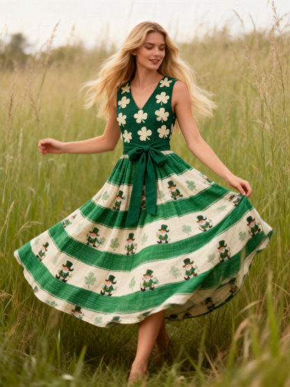 Stripe Leprechaun Clover Print Sleeveless Linen Swing Dress with Belt