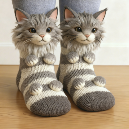 3D Maine Coon Cat Socks - Grey 