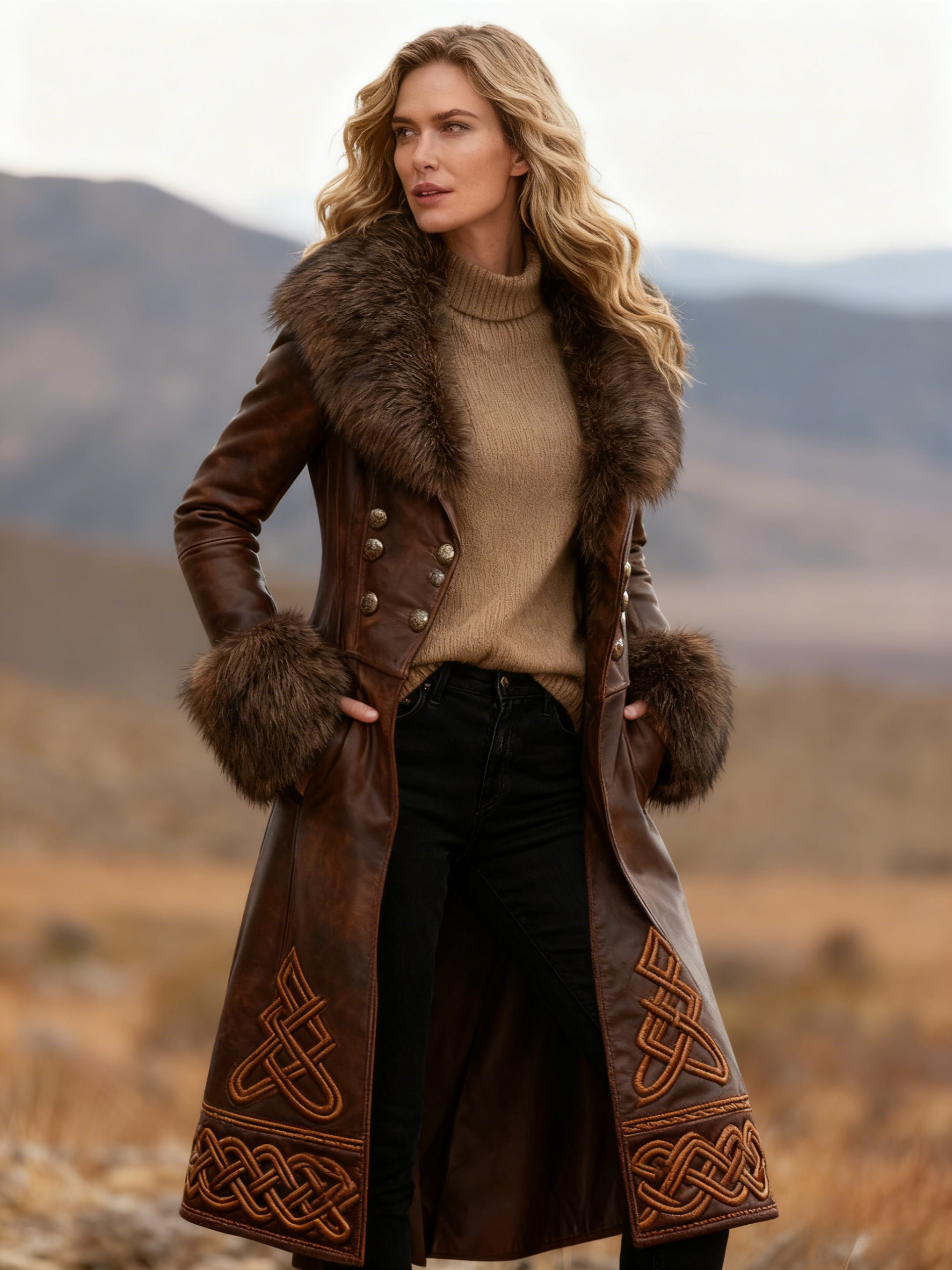 Fur Collar & Viking Knot Embroidery Double-Breasted Brown Faux Leather Trench Coat 