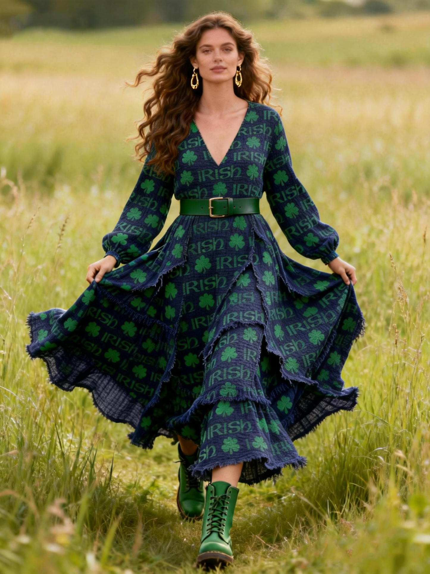 Irish Lover Clover Print Tiered Ruffled Hem Linen Maxi Dress With Leather Belt