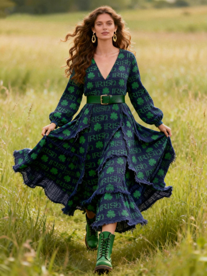 Irish Lover Clover Print Tiered Ruffled Hem Linen Maxi Dress With Leather Belt