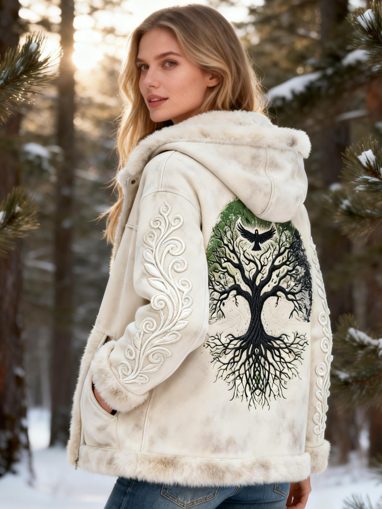 Nordic Yggdrasil Tree & Raven Embroidery Suede Coat 