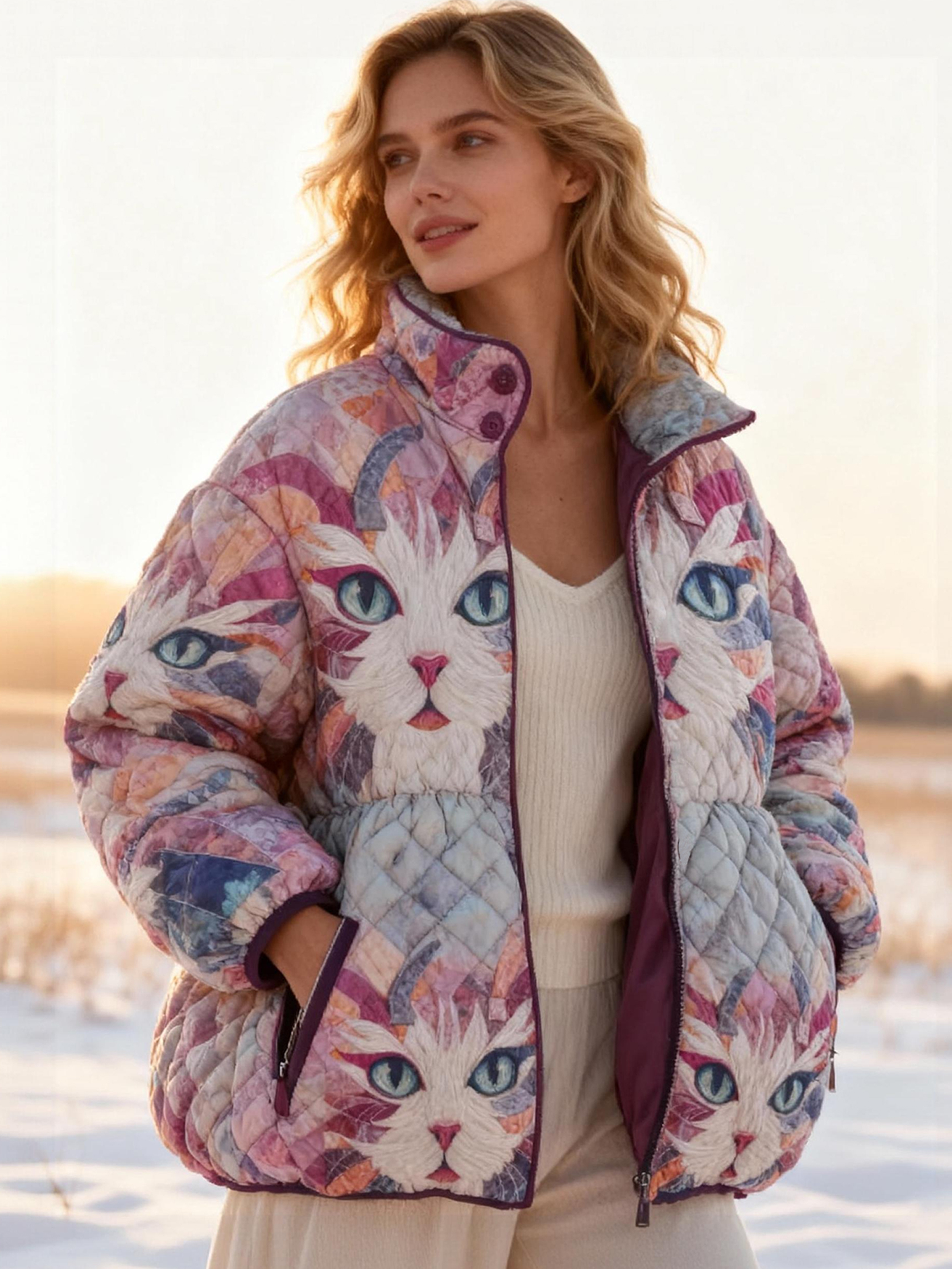 Abstract White Cat with Blue Eyes Quilted Puffer Jacket Stand-Collar Casual Coat 