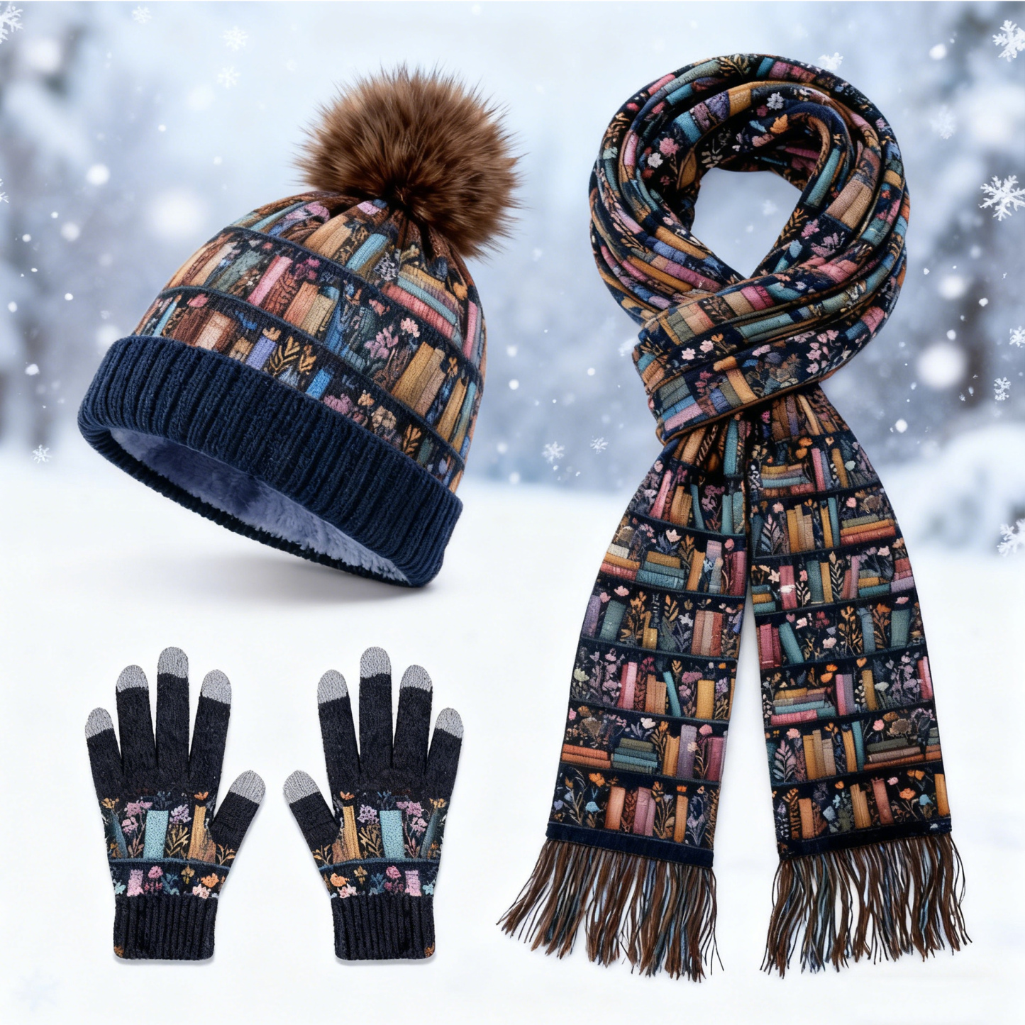 Womens Bookshelf Floral Library 3Pcs Knit Hat Long Scarf and Touchscreen Gloves Set Fleece Lined Pom Pom Beanie Winter Gift 