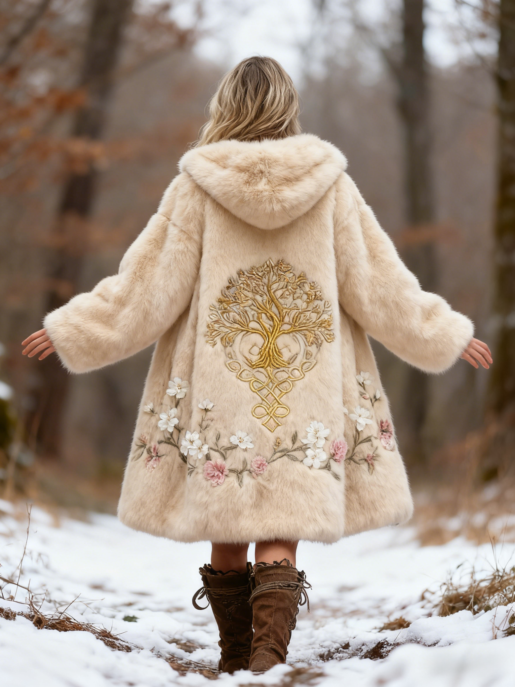 Golden Yggdrasil Tree & Floral Embroidery Hooded Beige Faux Fur Coat