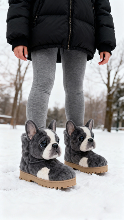 3D Adorable French Bulldog Plush Snow Boots Fleece-Lined Non-slip Thick-soled Boots