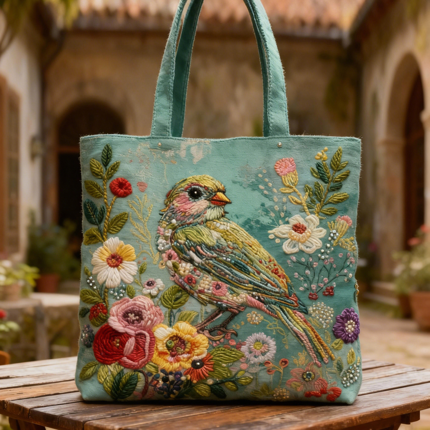 Pastel Bird & Floral 3D Embroidery Canvas Tote Bag 
