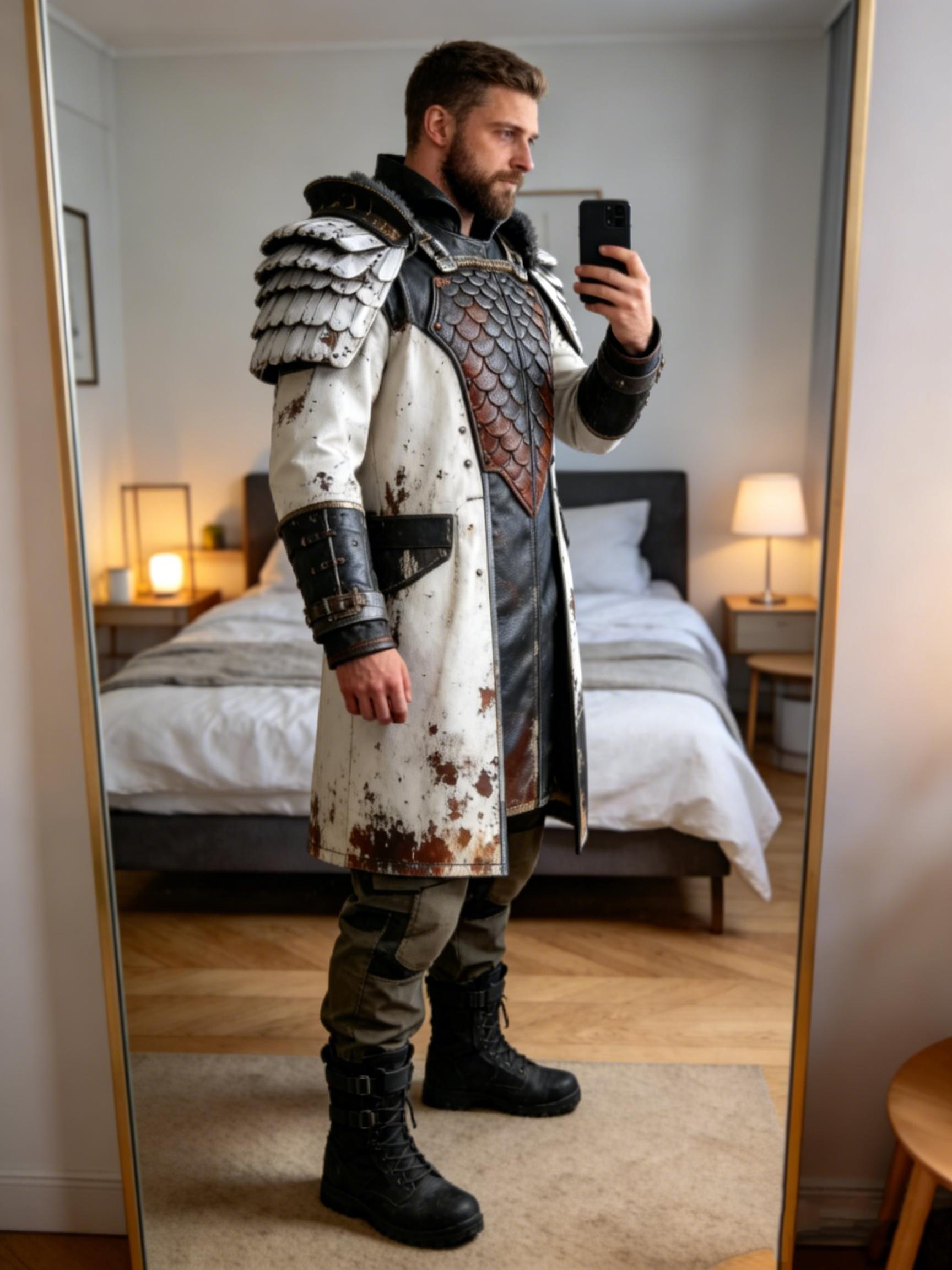 Men's Distressed White & Black Post-Apocalyptic Samurai Trench Coat