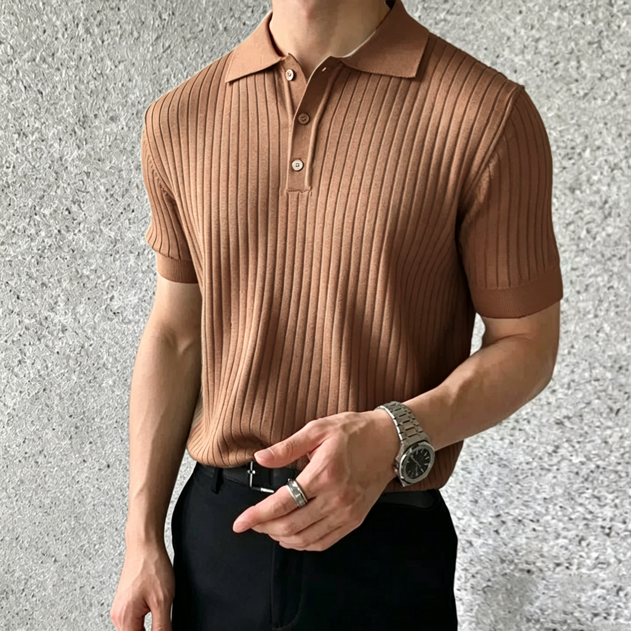 🔥Last Day Promotion!🔥Men's Short Sleeve Old Money Ribbed Knit Polo Shirt