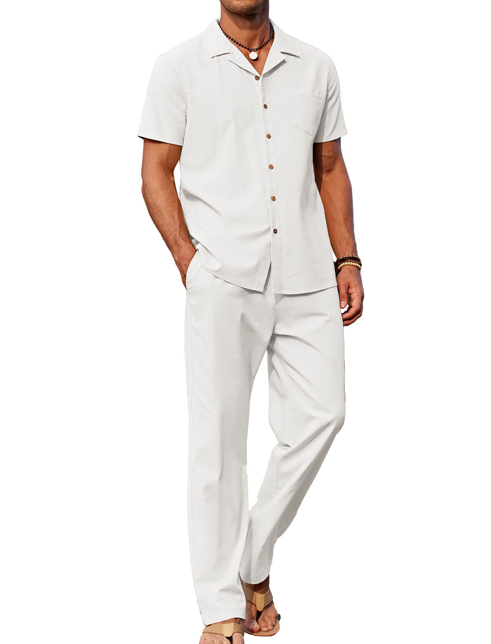 🔥Hot Summer Pick - Men's 2-Piece Linen Outfit Beach Button Down Shirt & Casual Loose Pant Set
