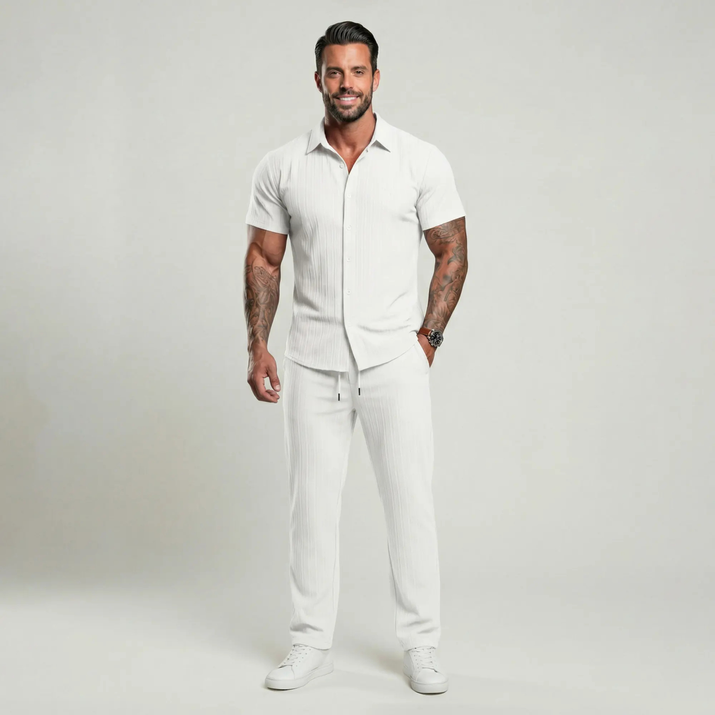 🔥Hot Summer Pick - Men's Button-Front Shirt & Drawstring Pocket Trousers Set