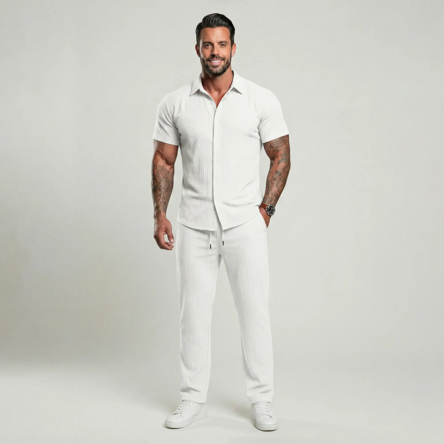 🔥Hot Summer Pick - Men's Button-Front Shirt & Drawstring Pocket Trousers Set