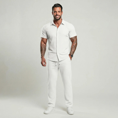 🔥Hot Summer Pick - Men's Button-Front Shirt & Drawstring Pocket Trousers Set