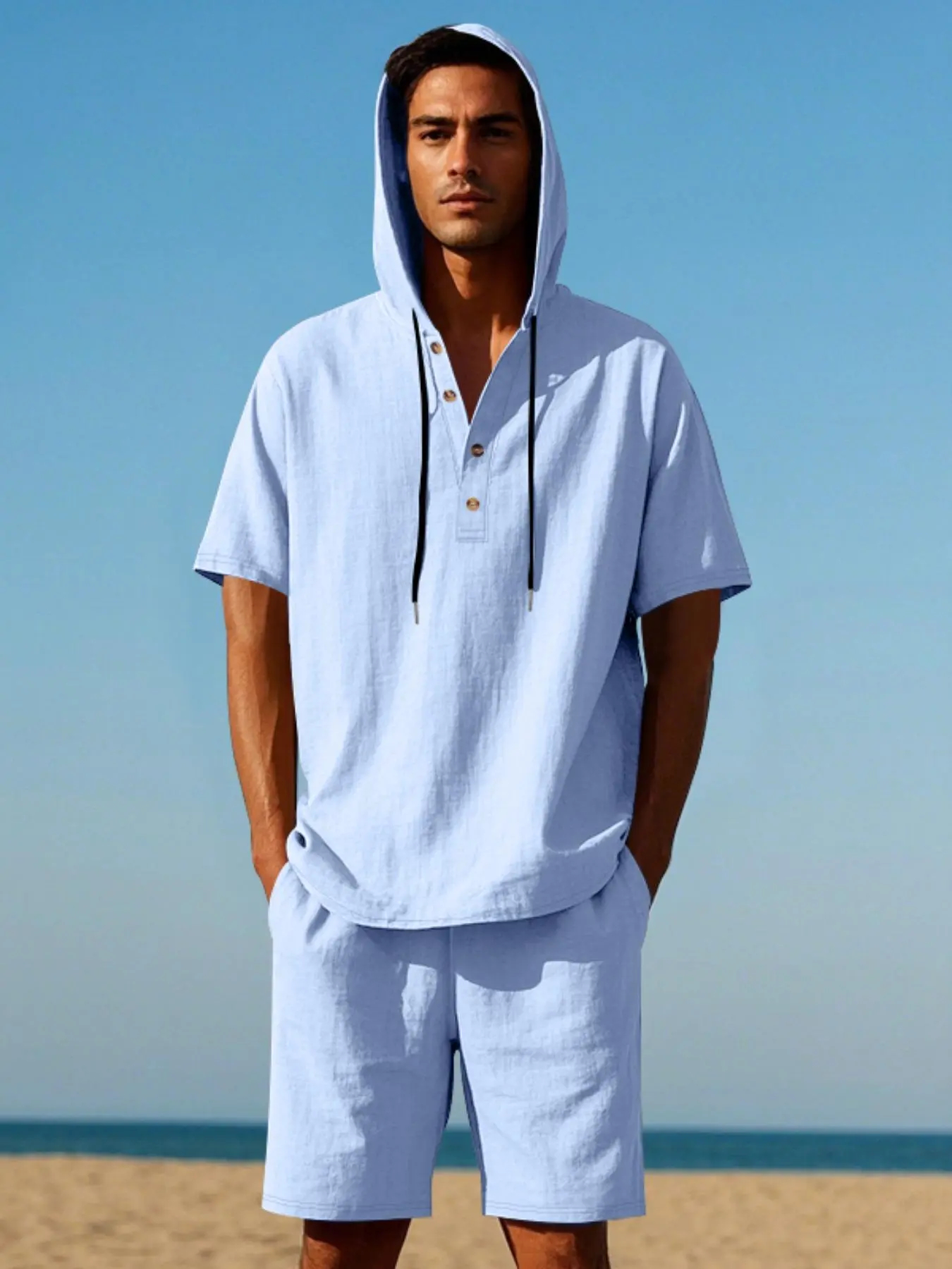 Men's Lightweight Linen Short Sleeve Hooded Henley Shirt & Short 2-Piece Set