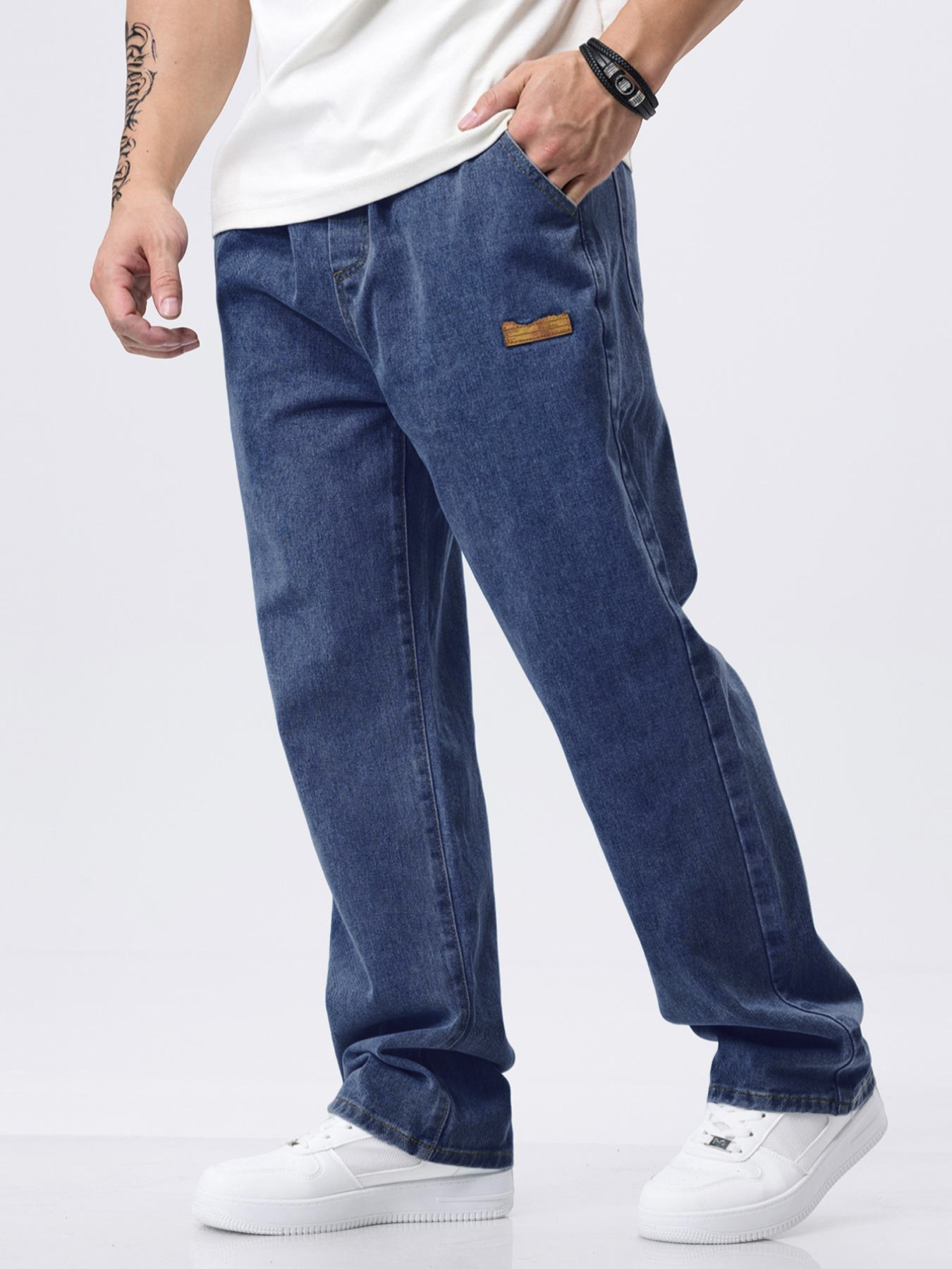 Men's Drawstring Waist Straight-Cut Jeans Washed Vintage Denim Pants