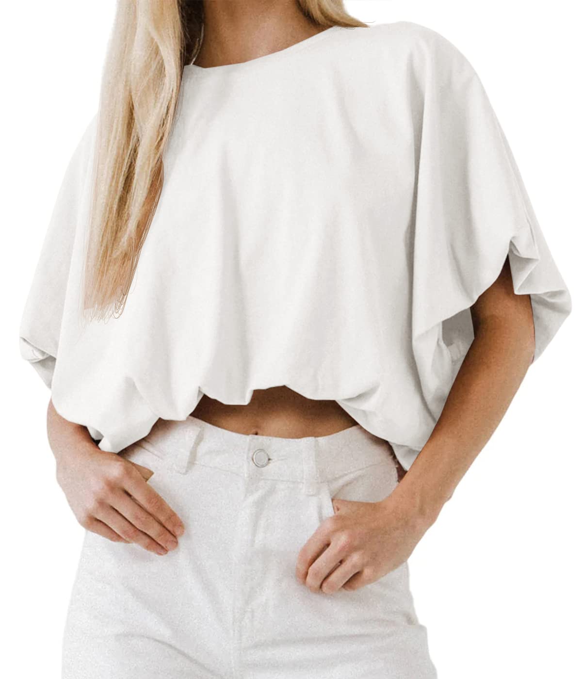 Women's Crewneck Crop Tops Short Sleeve Casual Loose Cropped T-Shirt
