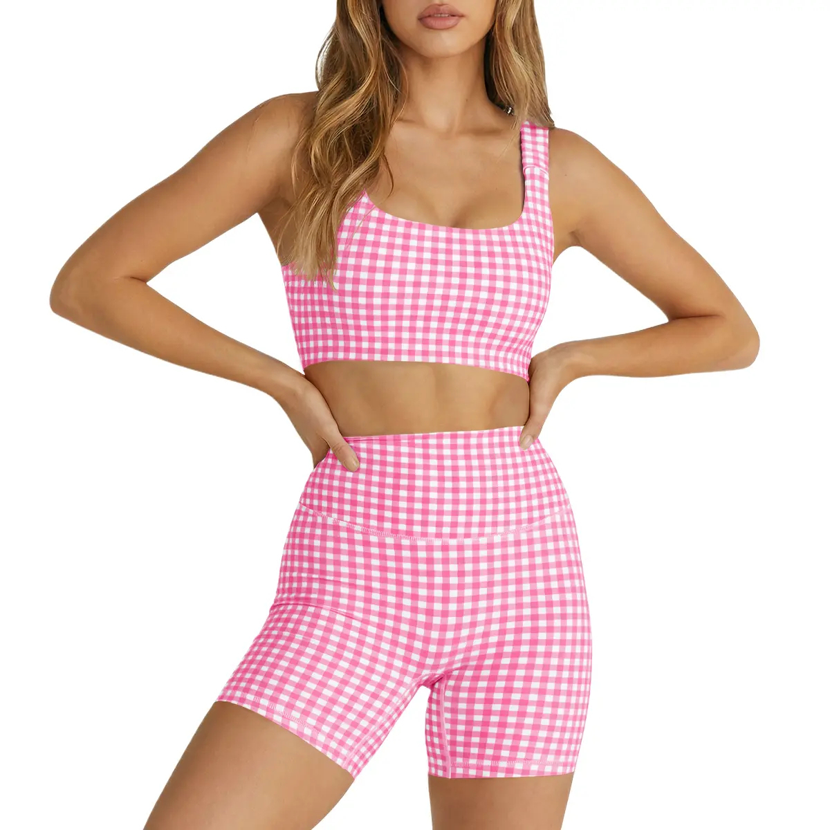 Women's 2-Piece Athleisure Wear Set Padded Gingham Crop Tank Top & High Waisted Sports Yoga Short