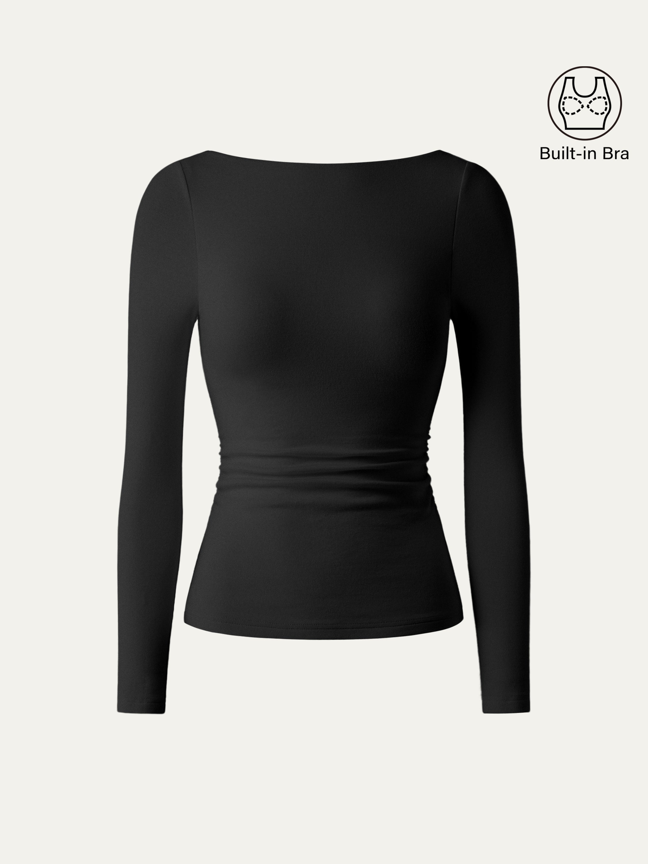 LiteWarm Boatneck Long Sleeve Open-Back Ruched Built-In Bra Top