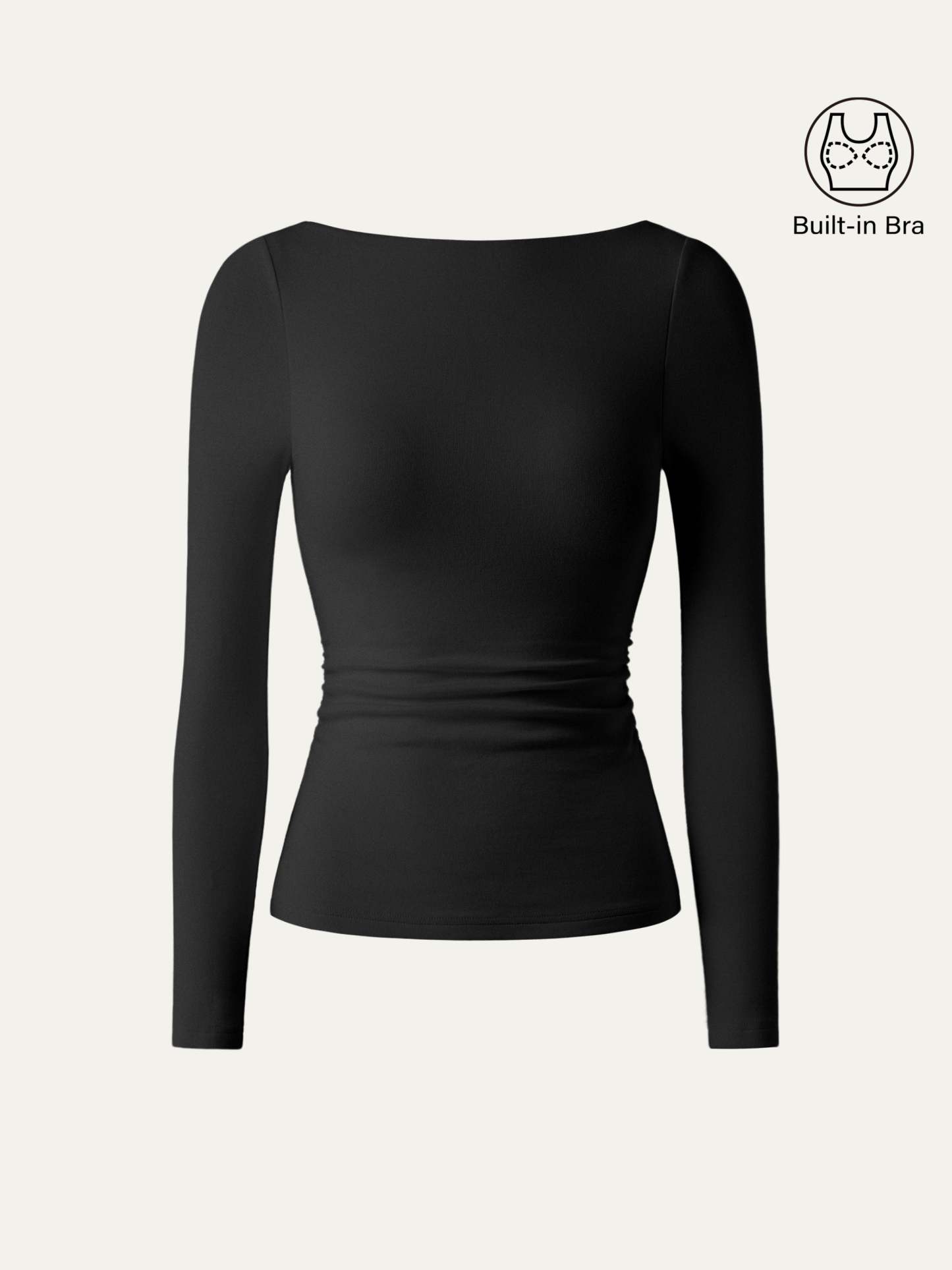 LiteWarm Boatneck Long Sleeve Open-Back Ruched Built-In Bra Top