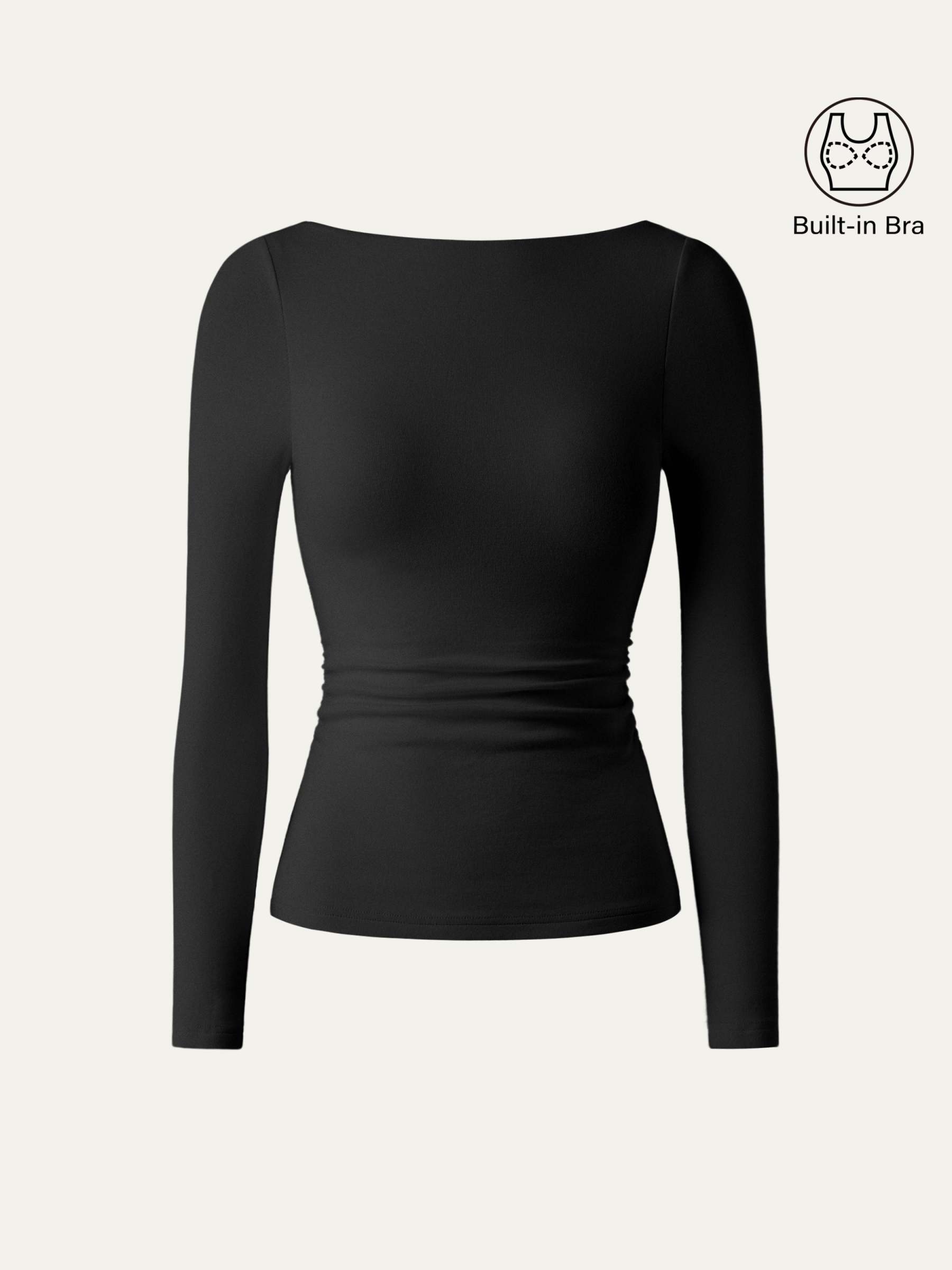 LiteWarm Boatneck Long Sleeve Open-Back Ruched Built-In Bra Top